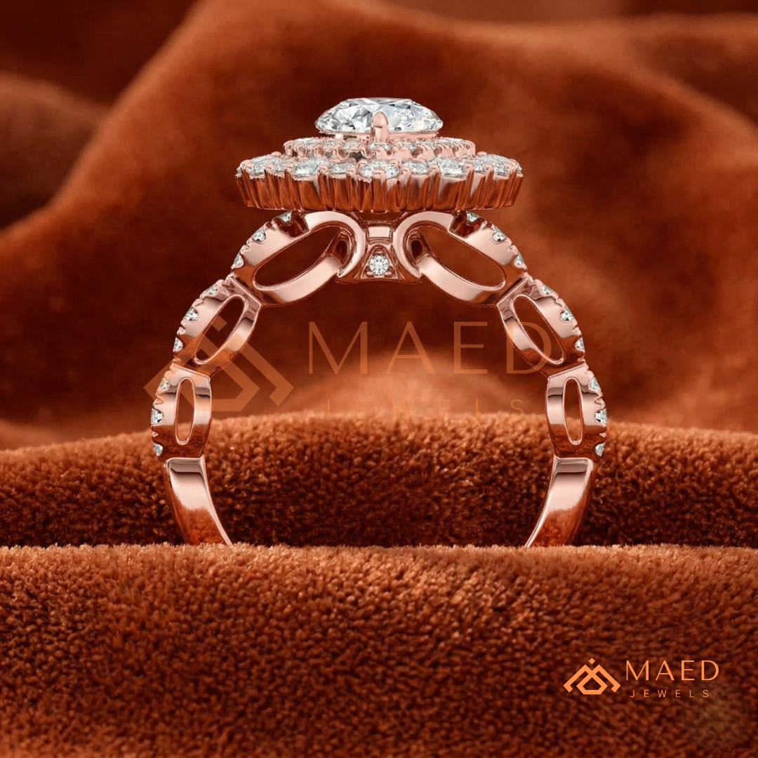Vintage Pear Shaped Double Halo Engagement Ring with Pave Band in Silver, 14K Gold & Rose Gold