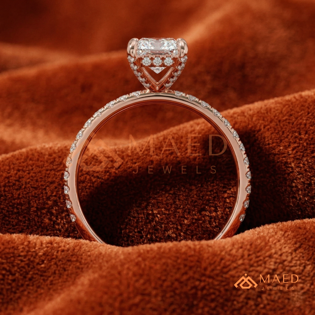 Radiant Cut Moissanite Engagement Ring in Sterling Silver, 14K White Gold & Rose Gold | Hidden Halo Diamond Band For Women