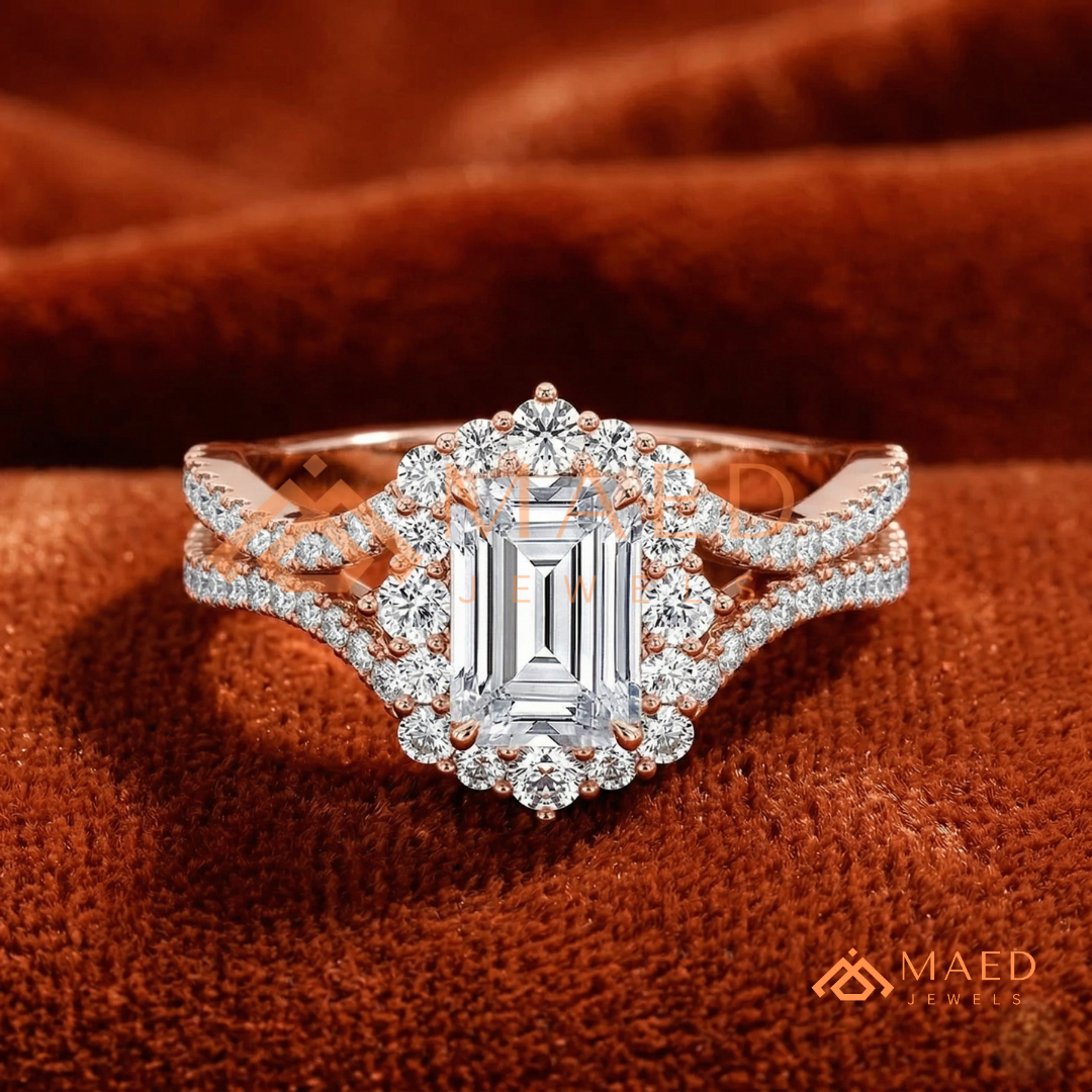 Emerald Cut Starburst Halo Engagement Ring | Split Shank Band in 14k Gold, Rose Gold & Silver