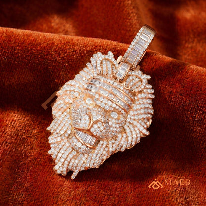 Iced Out King Lion Head Pendant – 14K Gold, Rose Gold & Silver Baguette Crown Hip Hop Charm