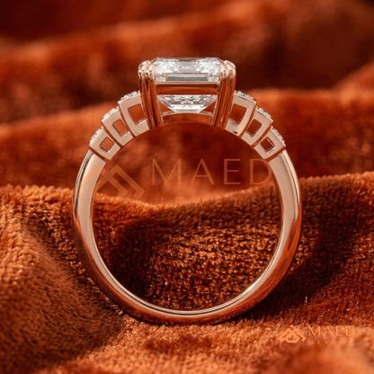 Radiant Cut Rectangular Halo Ring with Dome Triple-Row Pavé Band