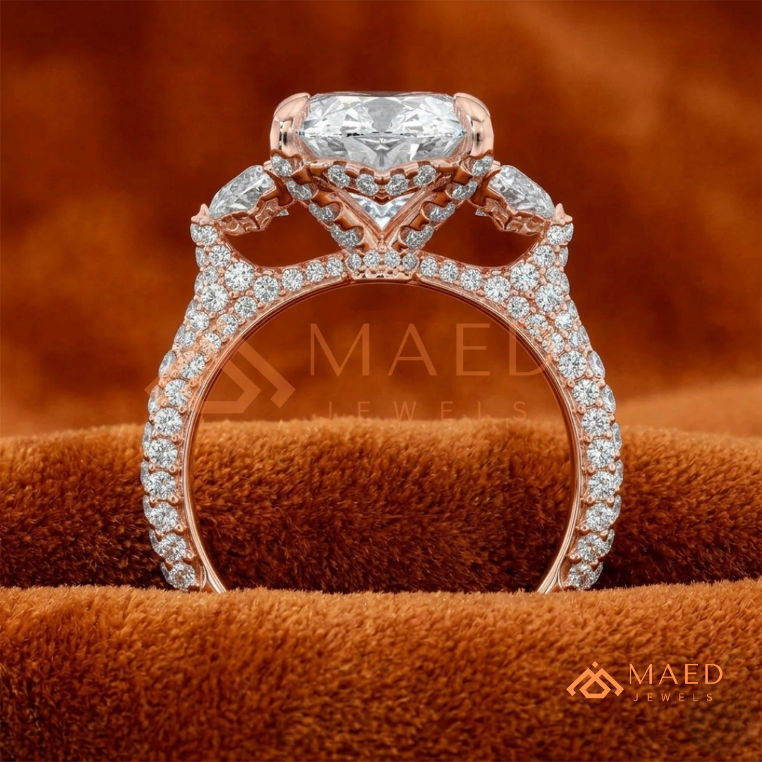 Oval Cut Engagement Ring with Half Moon Side Stones and Pavé Band in Silver, 14K Gold, & 14K Rose Gold