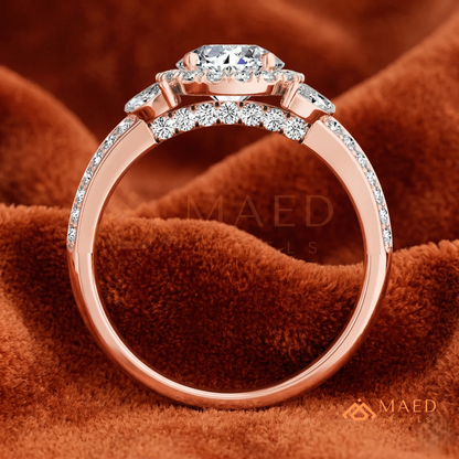 Radiant Halo Engagement Ring with Marquise Side Stones & Pavé Band