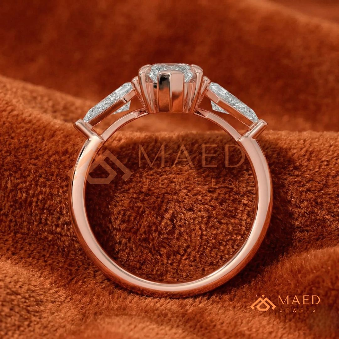 Marquise Cut Three Stone Ring with Kite Side Diamonds | 14k Gold, Rose Gold & Silver