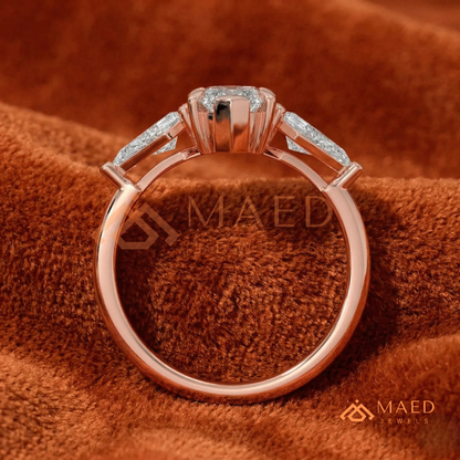 Marquise Cut Three Stone Ring with Kite Side Diamonds | 14k Gold, Rose Gold & Silver
