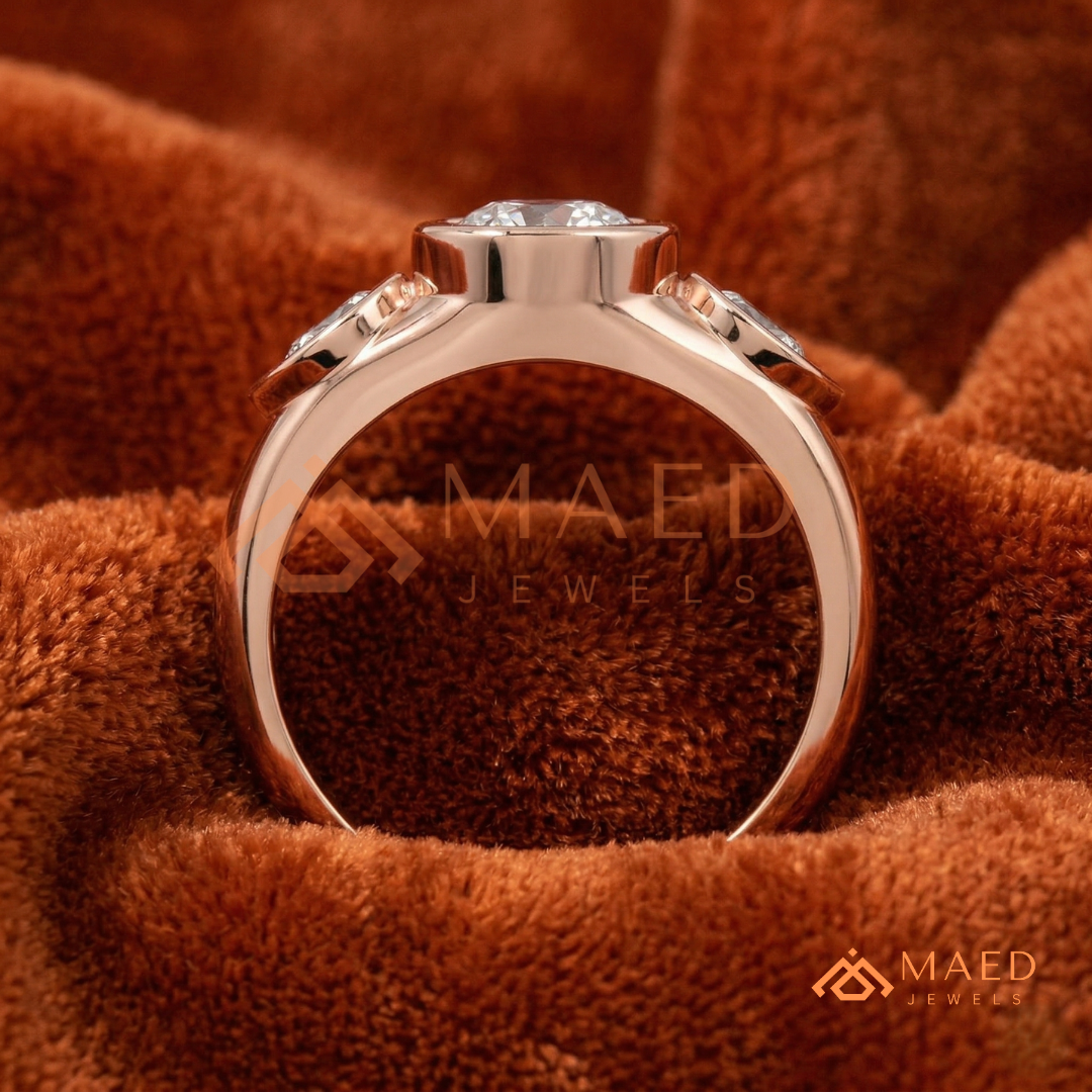 Modern Three-Stone Pear Shaped Bezel Engagement Ring in Silver, 14K Gold & Rose Gold