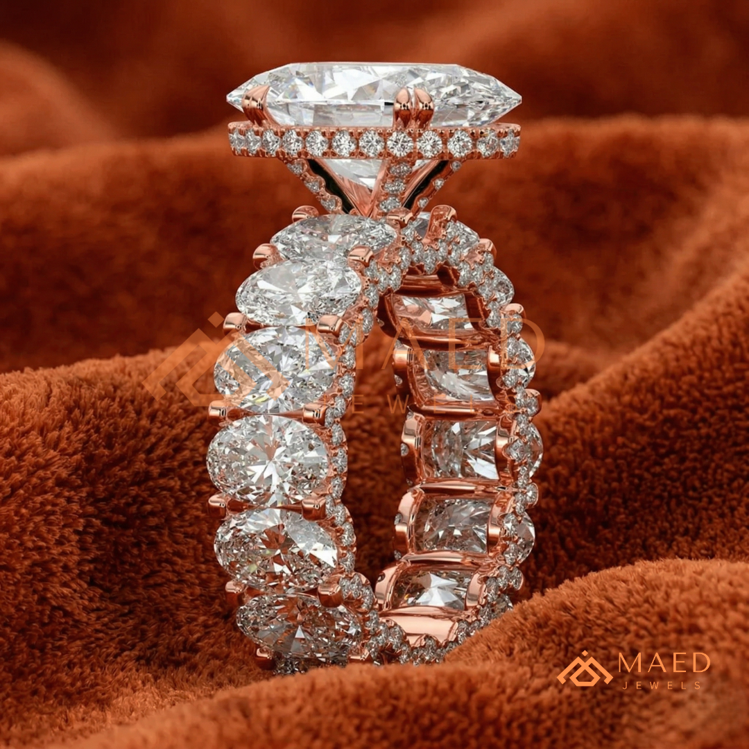 Elongated Oval Cut Engagement Ring with Full Oval Eternity Band | 14k Gold & Silver