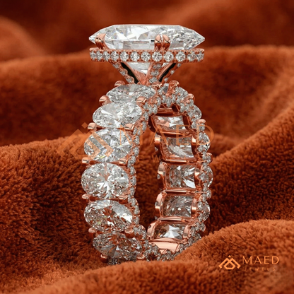 Elongated Oval Cut Engagement Ring with Full Oval Eternity Band | 14k Gold & Silver