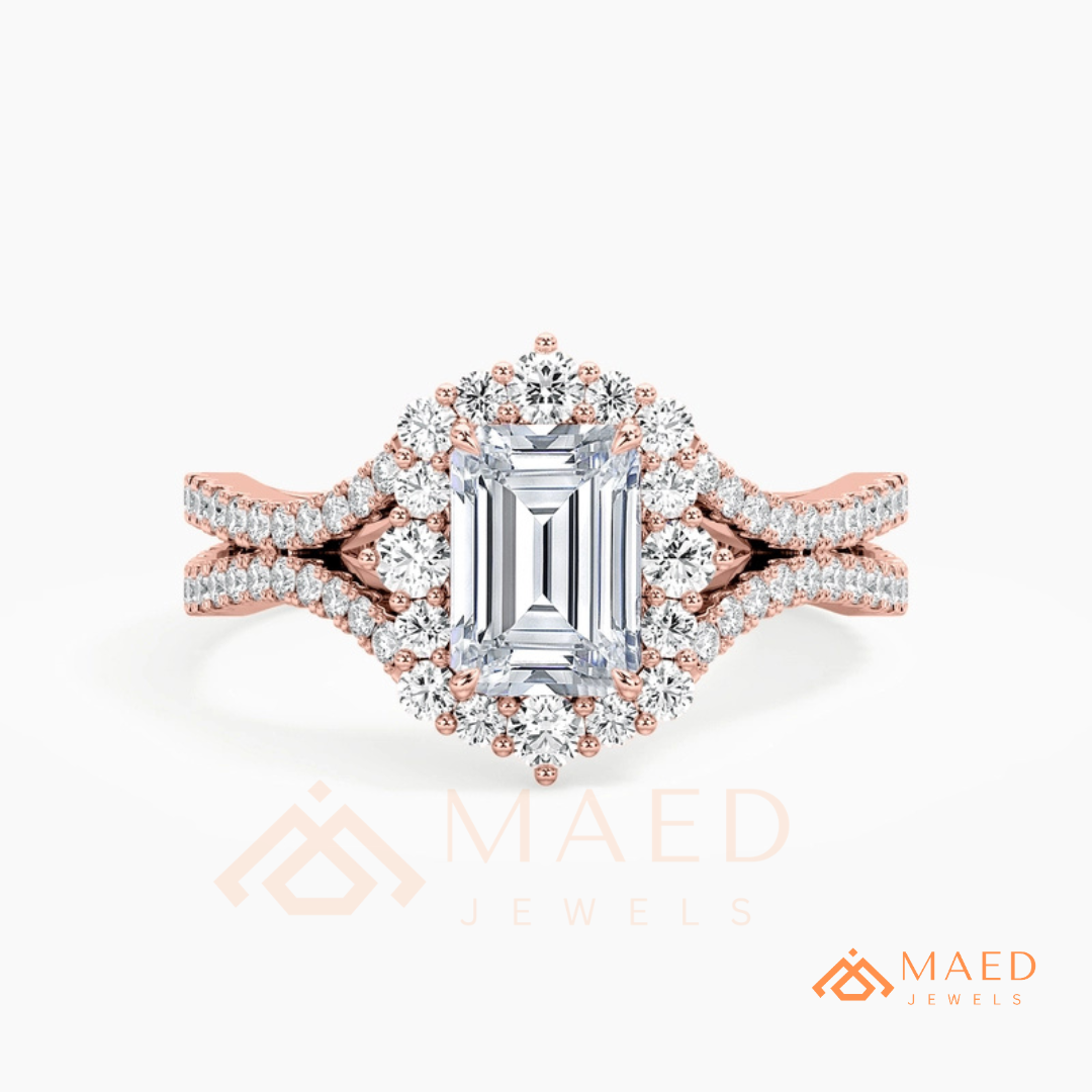 Emerald Cut Starburst Halo Engagement Ring | Split Shank Band in 14k Gold, Rose Gold & Silver