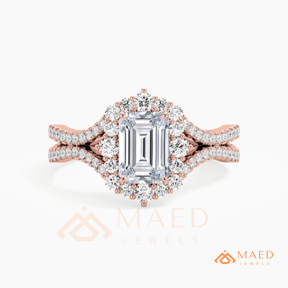 Emerald Cut Starburst Halo Engagement Ring | Split Shank Band in 14k Gold, Rose Gold & Silver