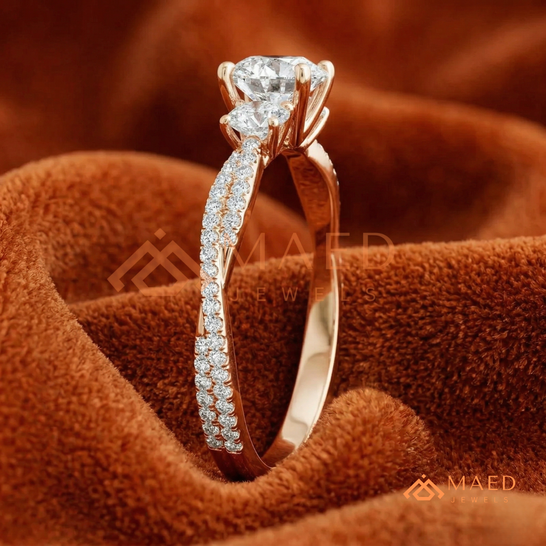 Round Cut 3-Stone Engagement Ring with Twisted Pavé Band in Silver, 14K Gold, & 14K Rose Gold