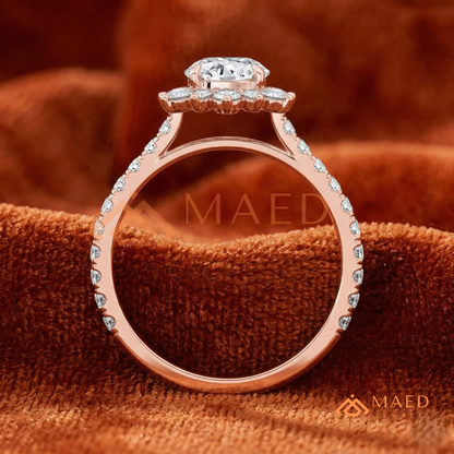 Vintage Starburst Halo Round Cut Engagement Ring with Pave Band in Silver, 14K Gold & Rose Gold