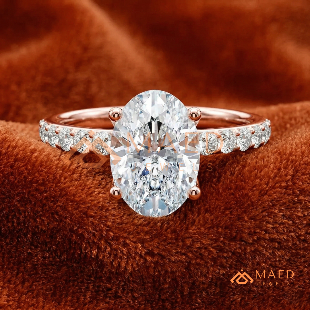 Oval Cut Engagement Ring with Pavé Band | Classic 4-Prong Promise Ring for Women | 14K Gold, Rose Gold & Sterling Silver