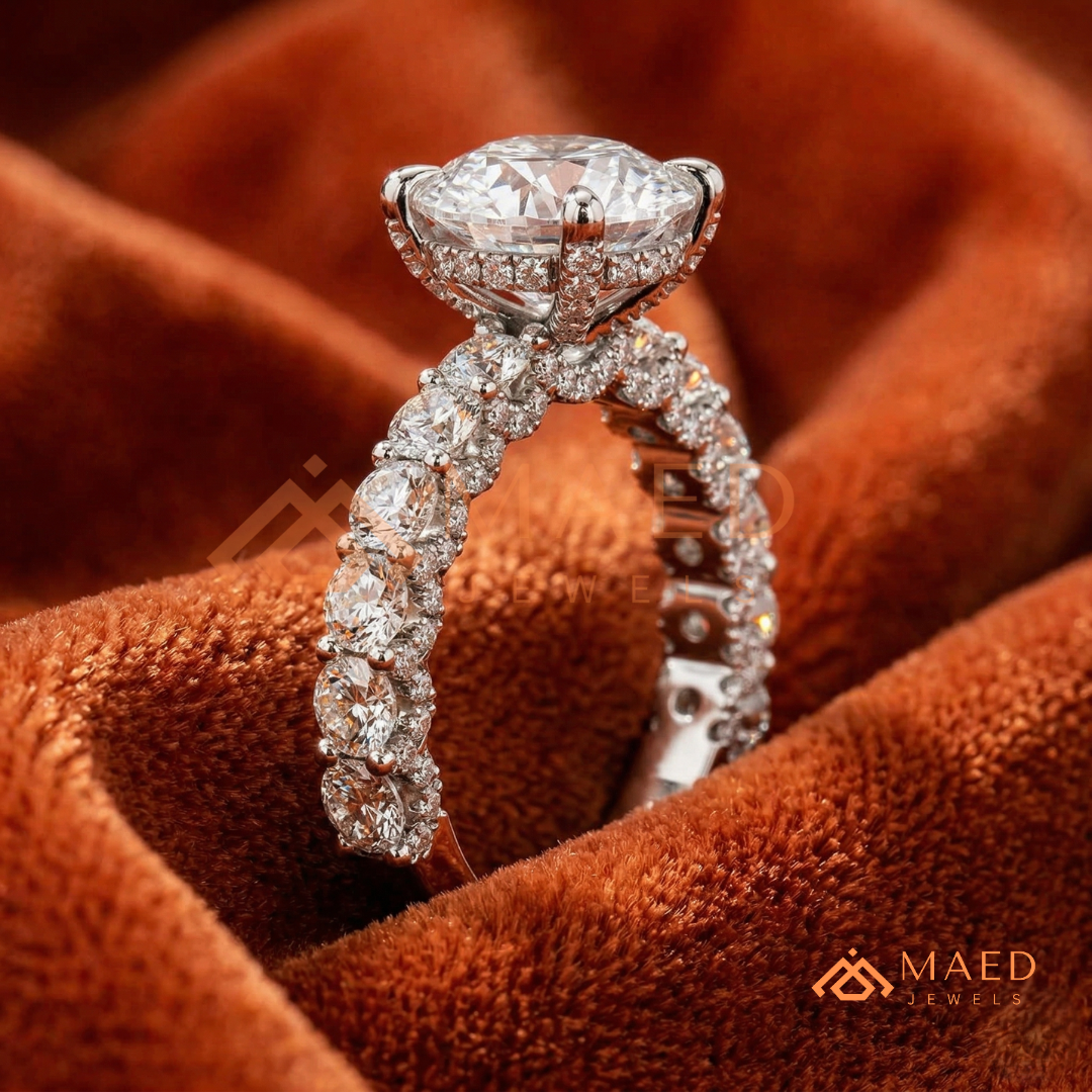 Round Brilliant Cut Engagement Ring with Shared Prong Band | 14k Gold, Rose Gold & Silver