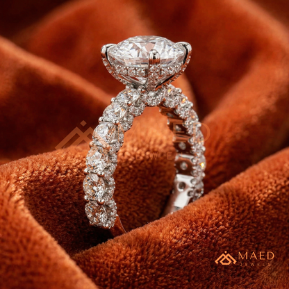 Round Brilliant Cut Engagement Ring with Shared Prong Band | 14k Gold, Rose Gold & Silver
