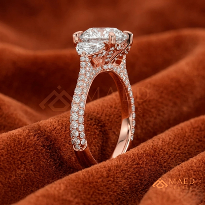 Round Brilliant and Half Moon Three Stone Ring | Multi-Row Pavé Band in 14k Gold & Silver