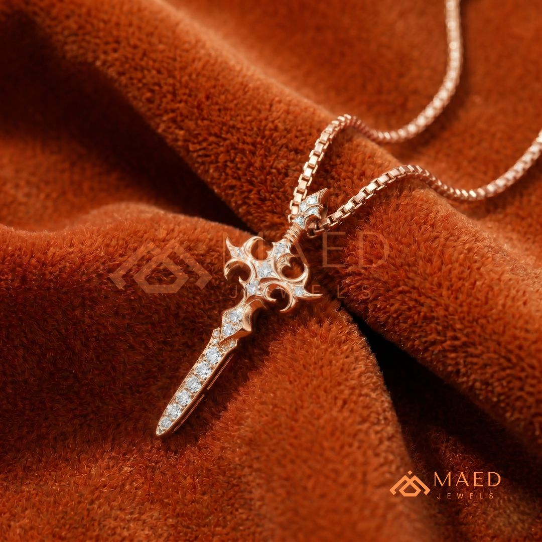 Gothic Dagger Cross Pendant Necklace in Sterling Silver, 14K Gold & Rose Gold