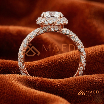ound Cut Halo Twisted Band Promise Ring (Silver, 14K Yellow/Rose Gold)
