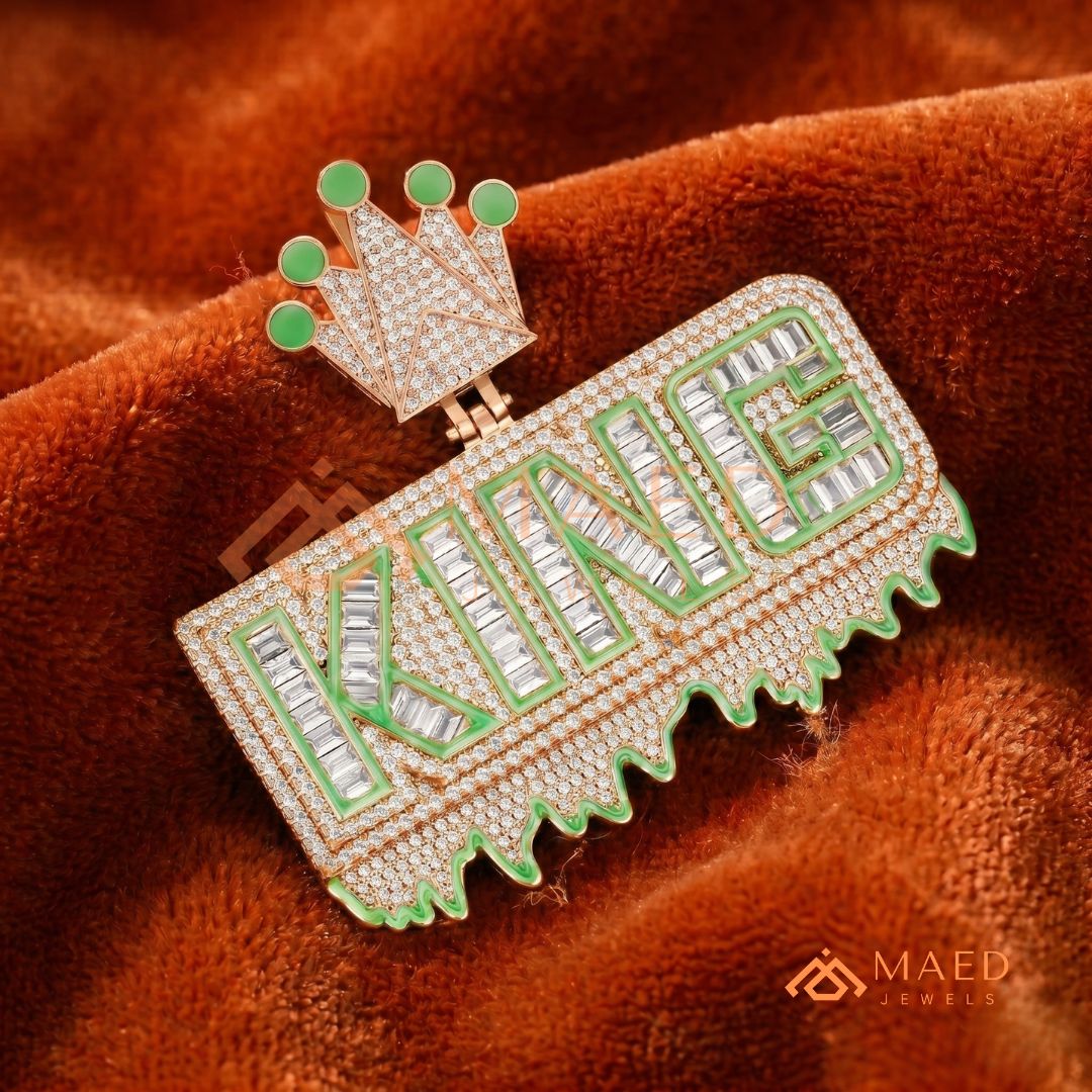 "King" Drip Statement Pendant –  14K Gold, Rose Gold & Sterling Silver with Hand-Set VVS Stones & Enamel Accents