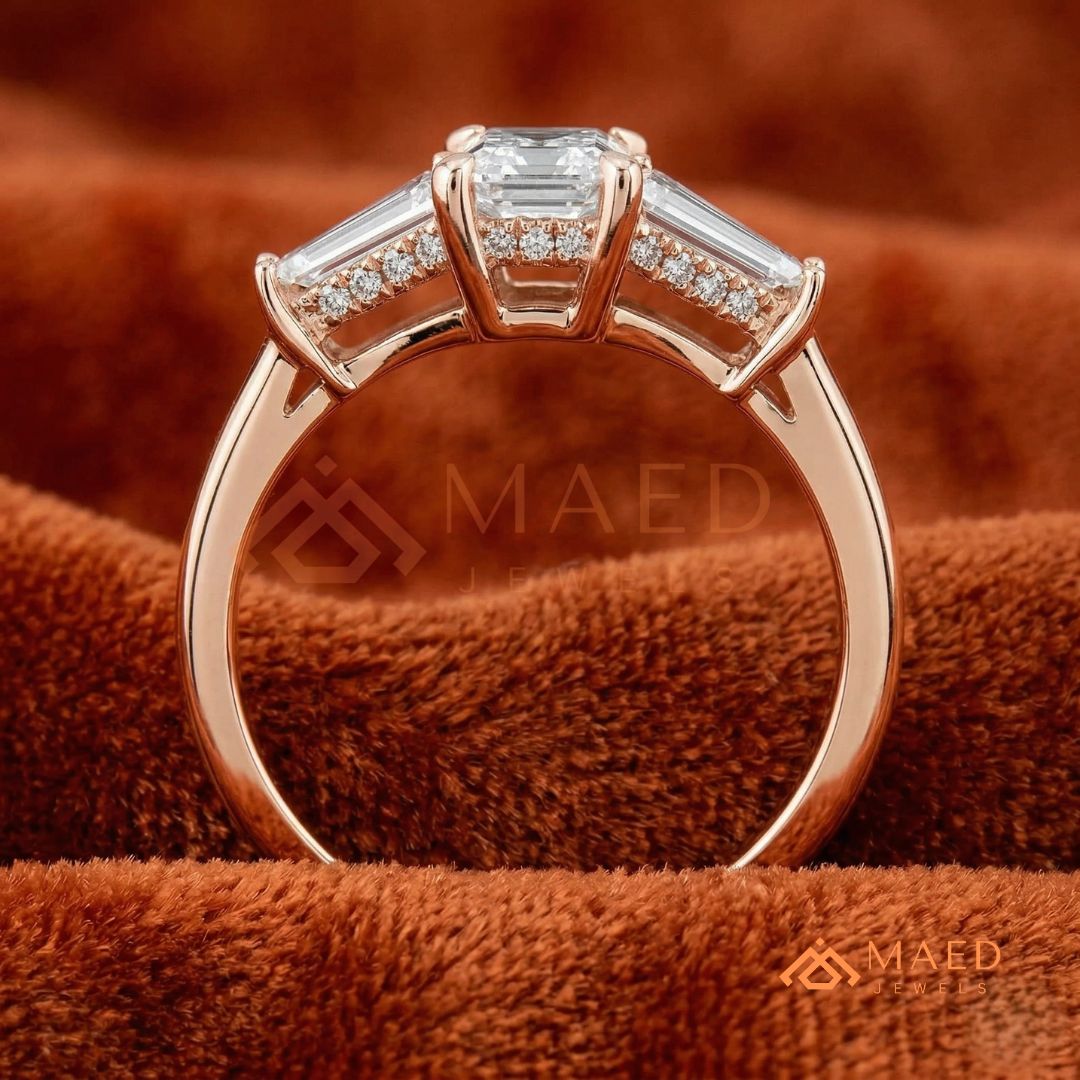 Emerald Cut Three-Stone Engagement Ring with Tapered Baguettes in Silver, 14K Gold, & 14K Rose Gold