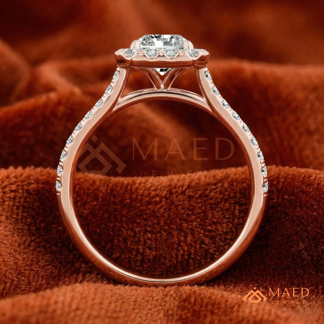 Radiant Cut Halo Engagement Ring with Pavé Band – Sterling Silver, 14K Gold, or 14K Rose Gold