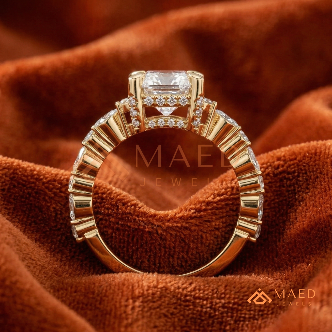 Radiant Cut Engagement Ring | Marquise & Round Cluster Band in 14K Gold, Rose Gold & Sterling Silver