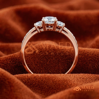 Round Cut 3-Stone Engagement Ring in 14K Gold, Rose Gold & Silver | Classic Three Stone Pave Moissanite Ring for Women