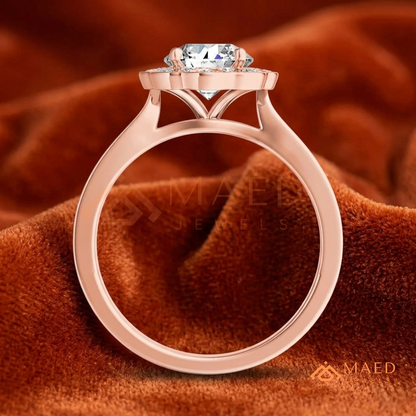 Round Cut Flower Halo Engagement Ring with Pave Band