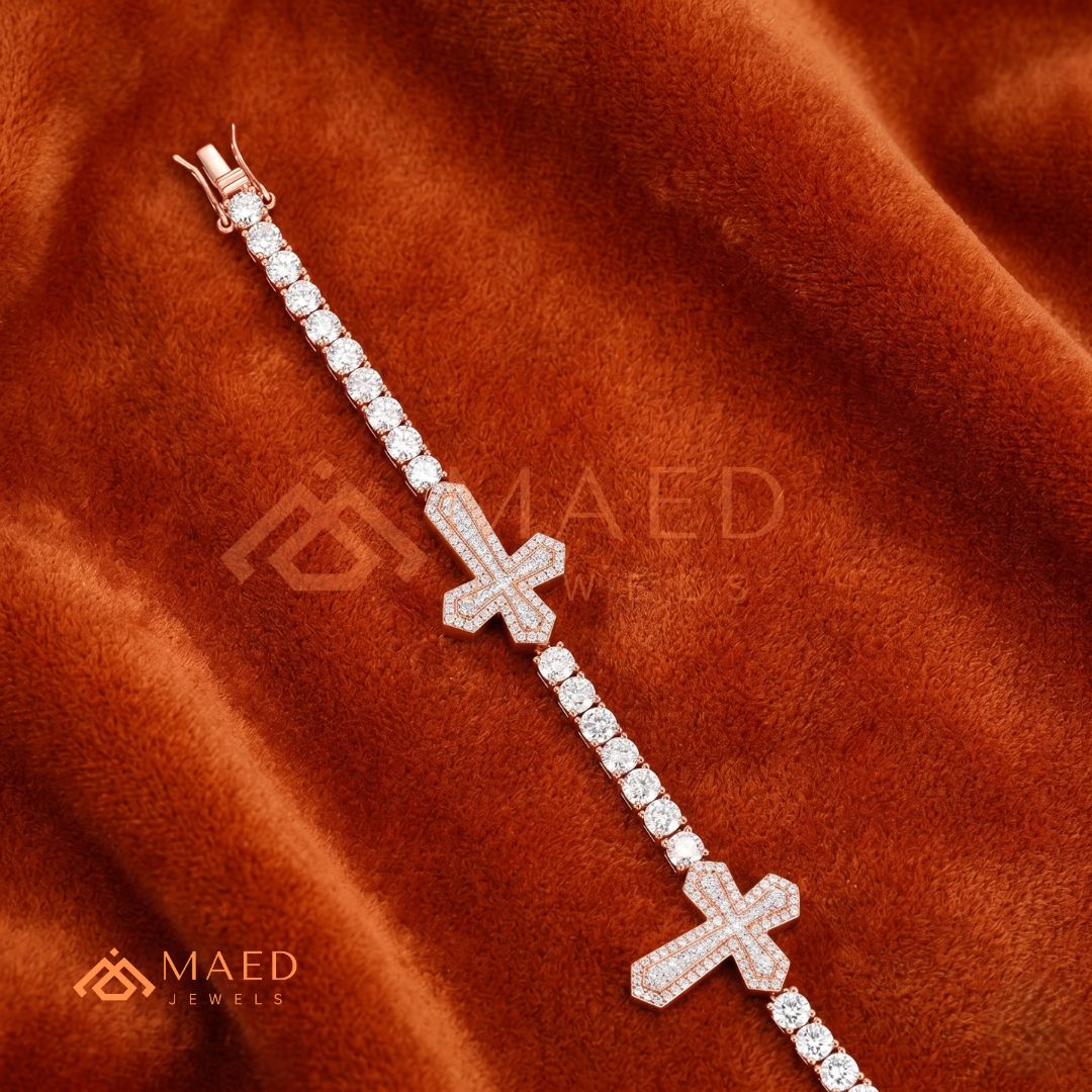 Multi-Cross Iced Tennis Bracelet – Sterling Silver, Gold & Rose Gold