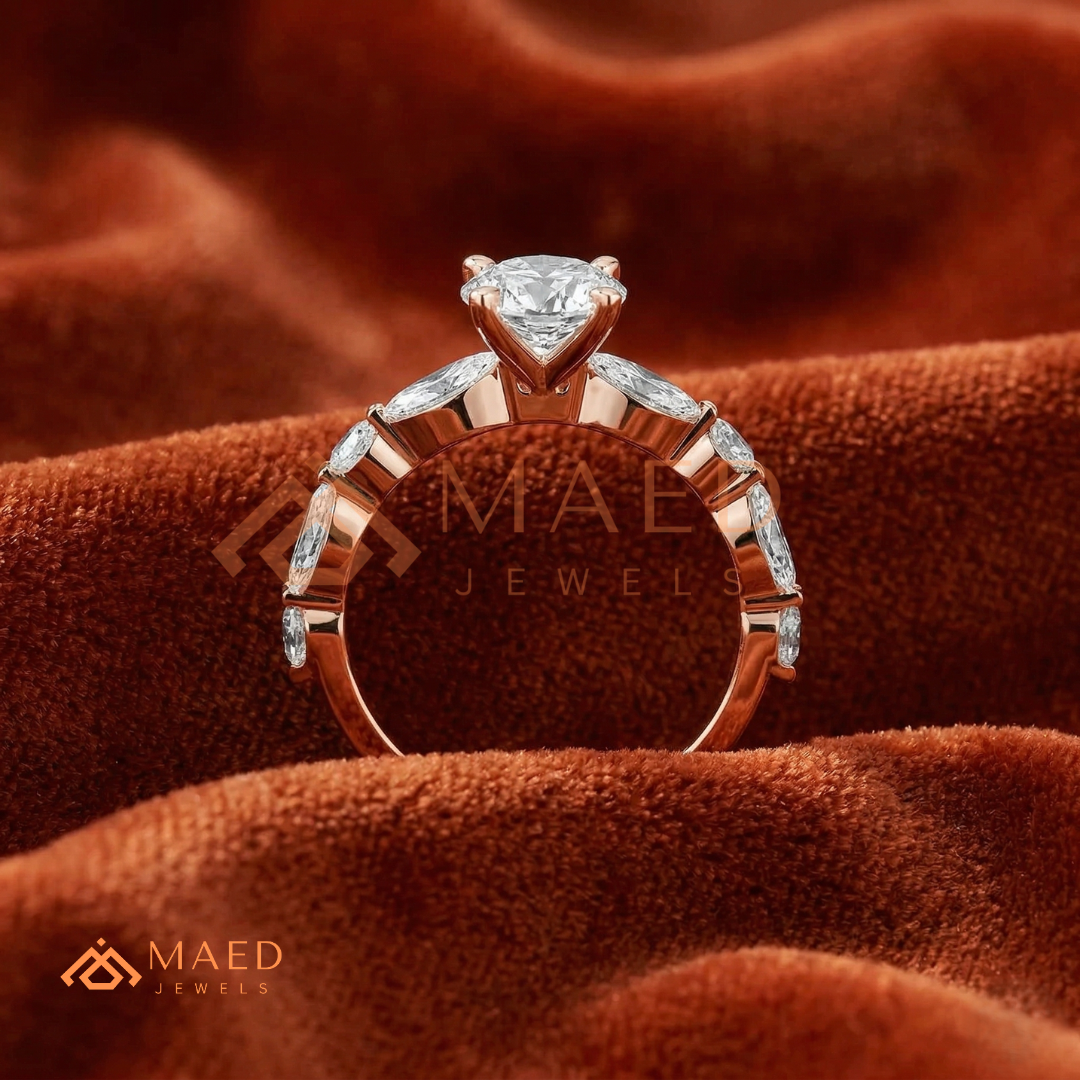 Round Cut Engagement Ring with Marquise Accents in Sterling Silver, 14K Gold & 14K Rose Gold
