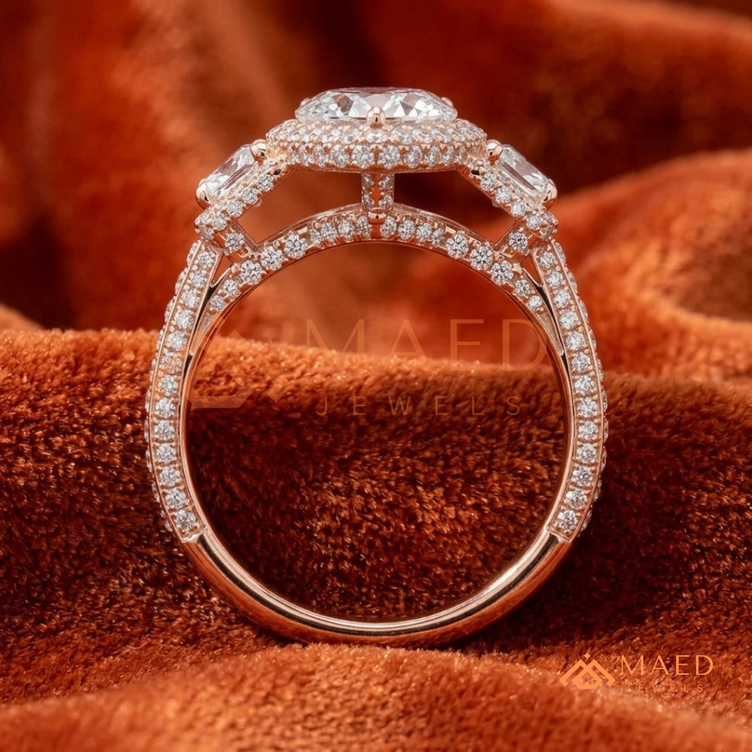 Vintage Marquise Cut 3-Stone Halo Ring with Triple-Row Pavé Band