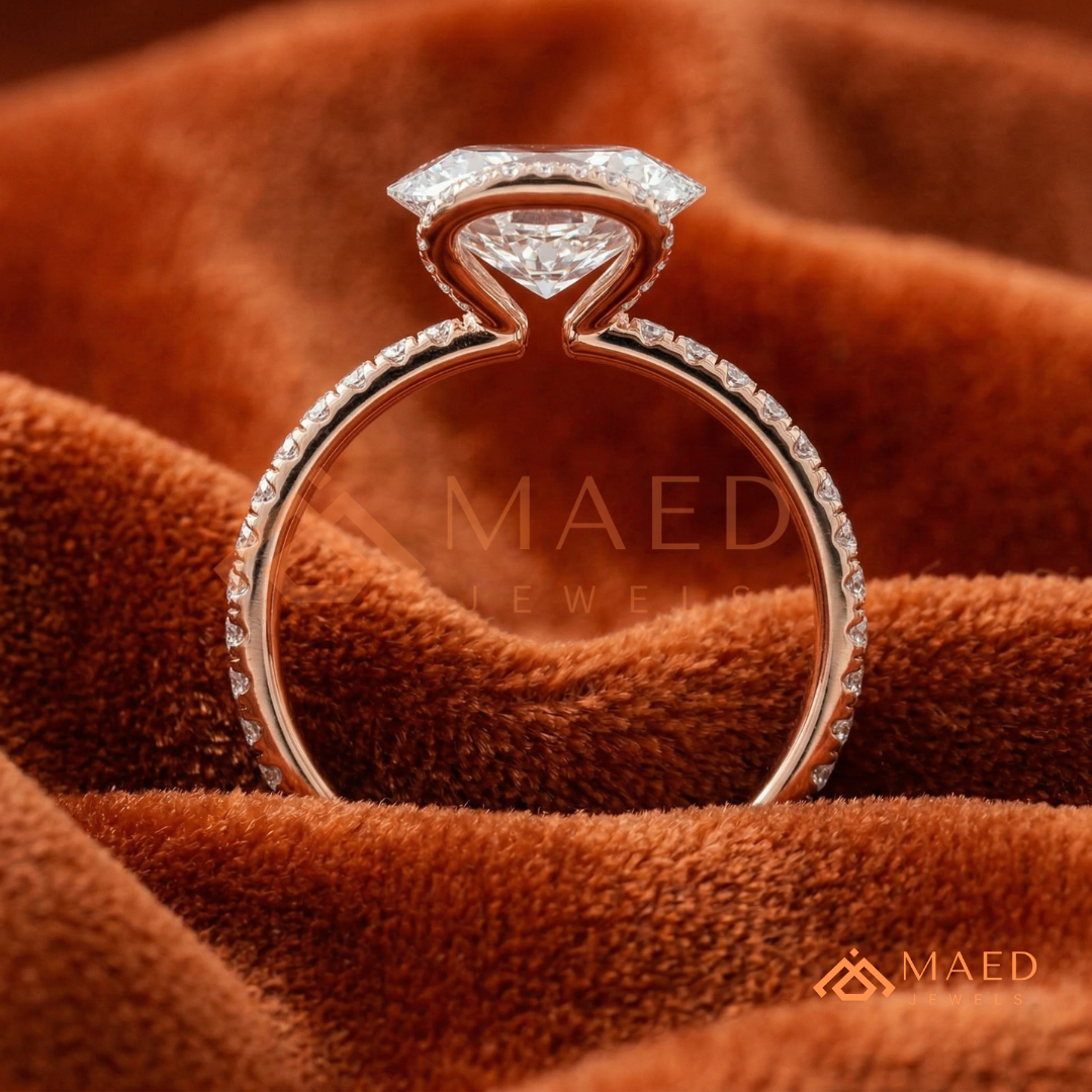 East-West Oval Cut Partial Halo Engagement Ring | 14k Gold, Rose Gold & Sterling Silver Shimmering Accented Band
