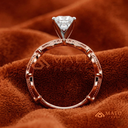 Princess Cut Vintage Engagement Ring in 14K Gold, Rose Gold & Silver | Antique Milgrain Pave Moissanite Ring for Women