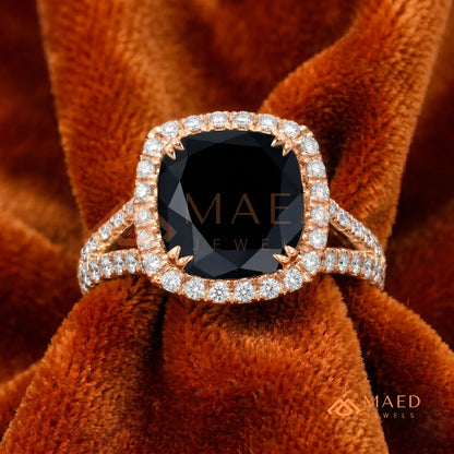 Gothic Luxury Black Spinel Split Shank Ring – Silver, 14K Yellow & Rose Gold