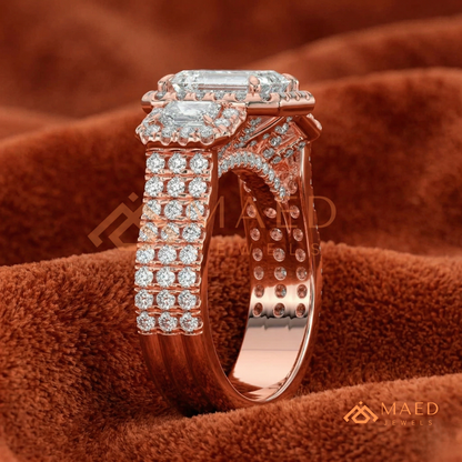 Three-Stone Emerald Cut Halo Engagement Ring | Triple Row Pave Band in 14K Gold & Silver