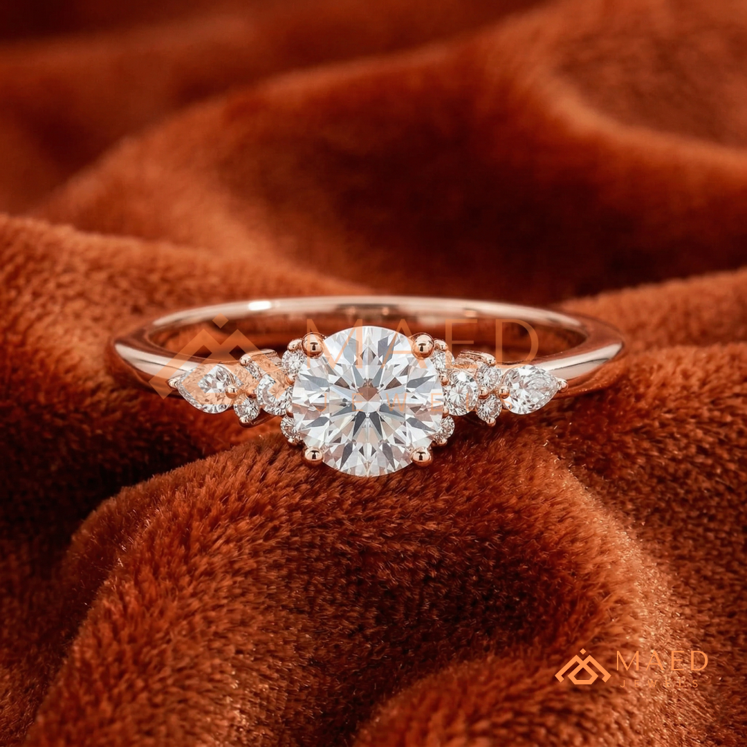 Round Cut Cluster Engagement Ring in 14K Gold, Rose Gold & Silver | Vintage Pear Accent Moissanite Ring for Women