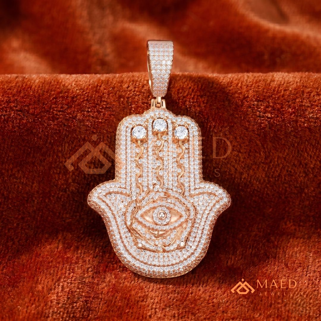 Iced Out Hamsa & Evil Eye Protective Pendant – Symbolic Statement Medallion