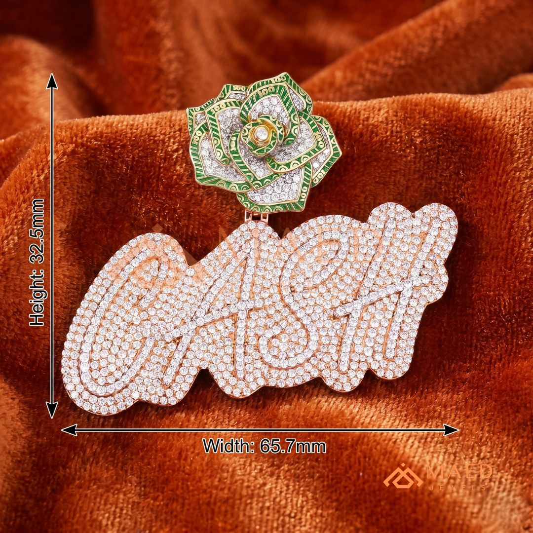 Iced Out "CASH" Money Rose Pendant – 14K Gold, Rose Gold & Sterling Silver Hip Hop Charm