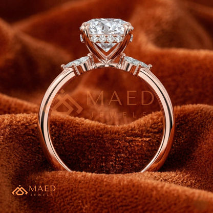Round Brilliant Cut Ring with Marquise Floral Cluster | 14k Gold, Rose Gold & Silver