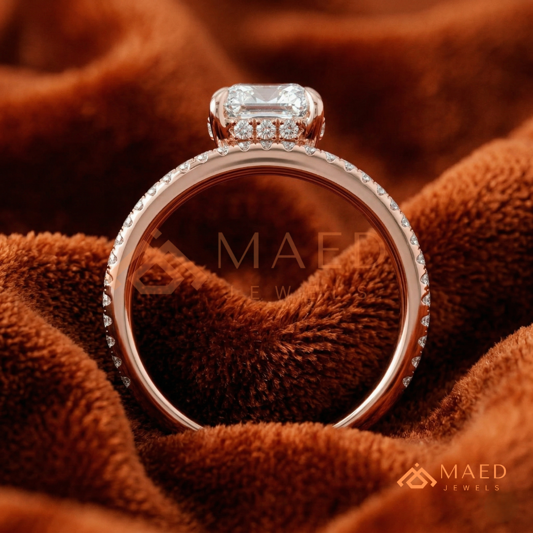Cushion Cut Moissanite Chevron Engagement Ring, Curved Pavé Diamond Wishbone Wedding Ring in Silver, 14K Gold & Rose Gold