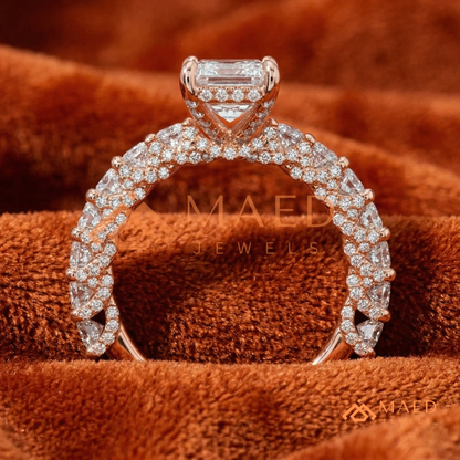 Emerald Cut Engagement Ring with Large Round Accent Band in Silver, 14K Gold, & 14K Rose Gold
