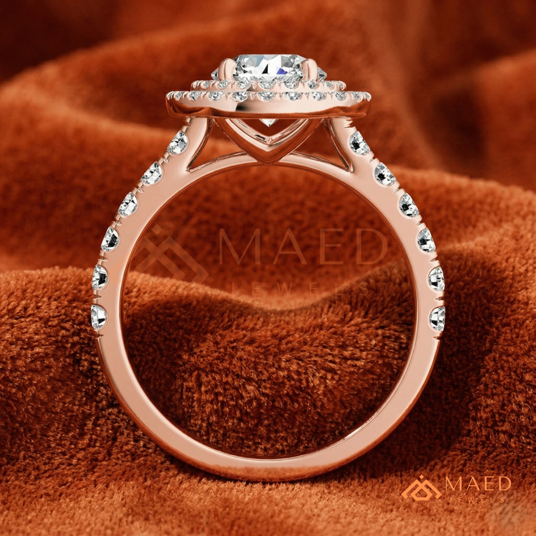 Double Halo Round Brilliant Engagement Ring with Pavé Band – Sterling Silver, 14K Gold, or 14K Rose Gold