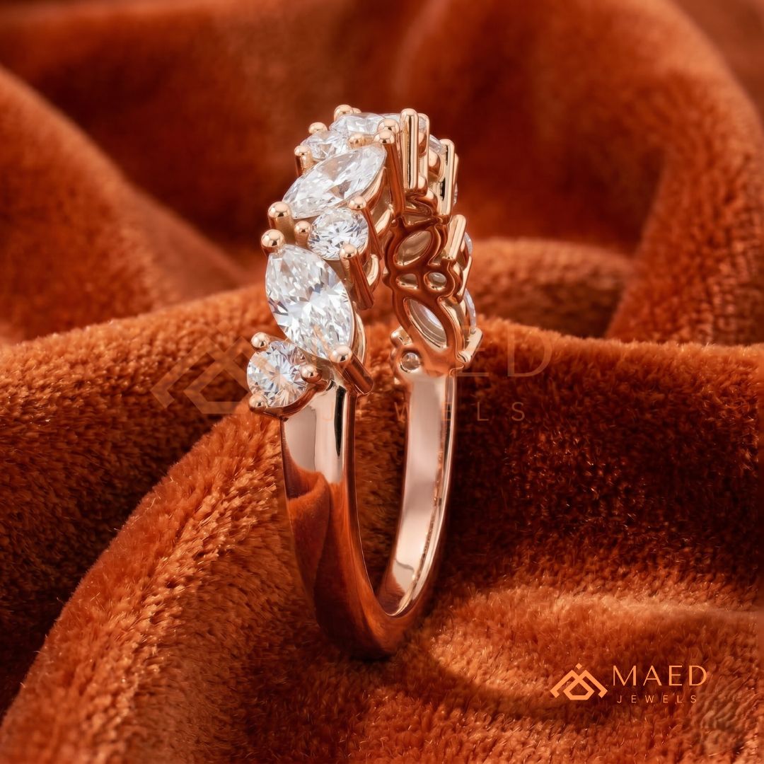 Marquise Diamond Cluster Stackable Anniversary Band – Silver, Yellow & Rose Gold