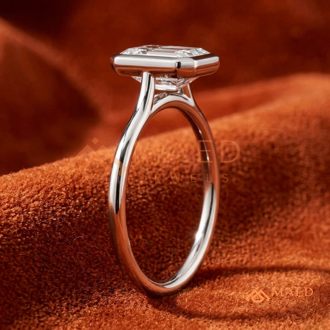 Modern Emerald Cut Solitaire Bezel Engagement Ring in Silver, 14K Gold & Rose Gold