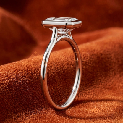 Modern Emerald Cut Solitaire Bezel Engagement Ring in Silver, 14K Gold & Rose Gold