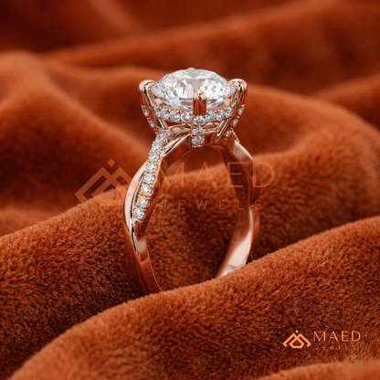 Round Cut Engagement Ring with Twisted Pavé Band in Silver, 14K Gold, & 14K Rose Gold