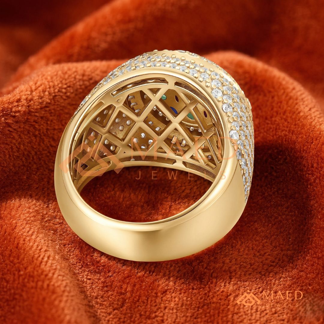 Heavy Multi-Color Iced Medallion Ring – 925 Silver, 14K Gold & Rose Gold
