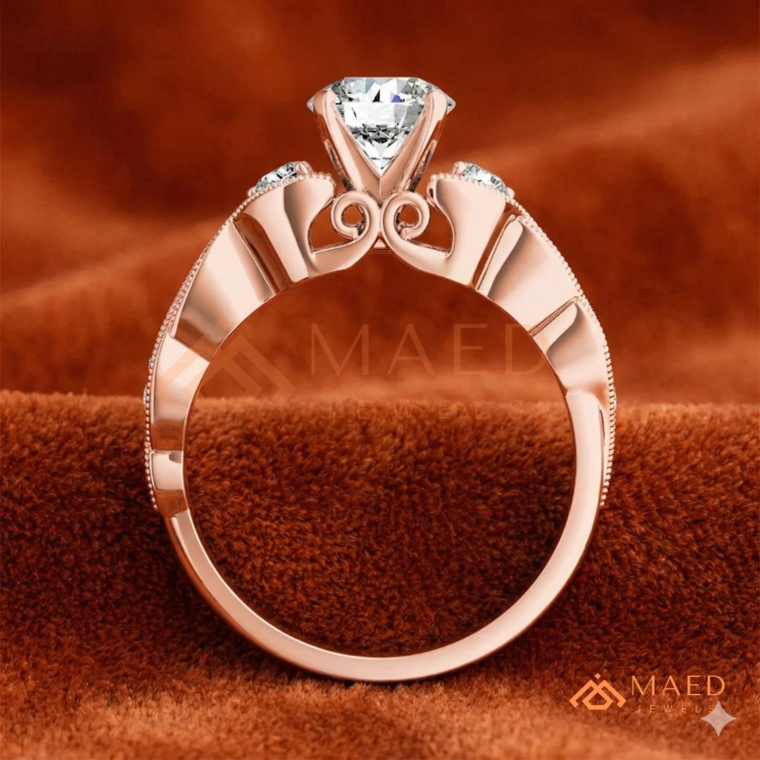 Vintage-Inspired Three-Stone Engagement Ring with Milgrain Twisted Band
