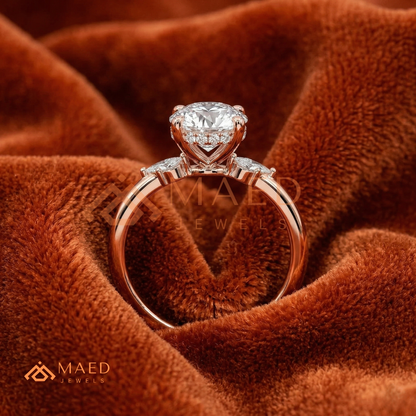 Round Brilliant Cut Ring with Marquise Floral Cluster | 14k Gold, Rose Gold & Silver