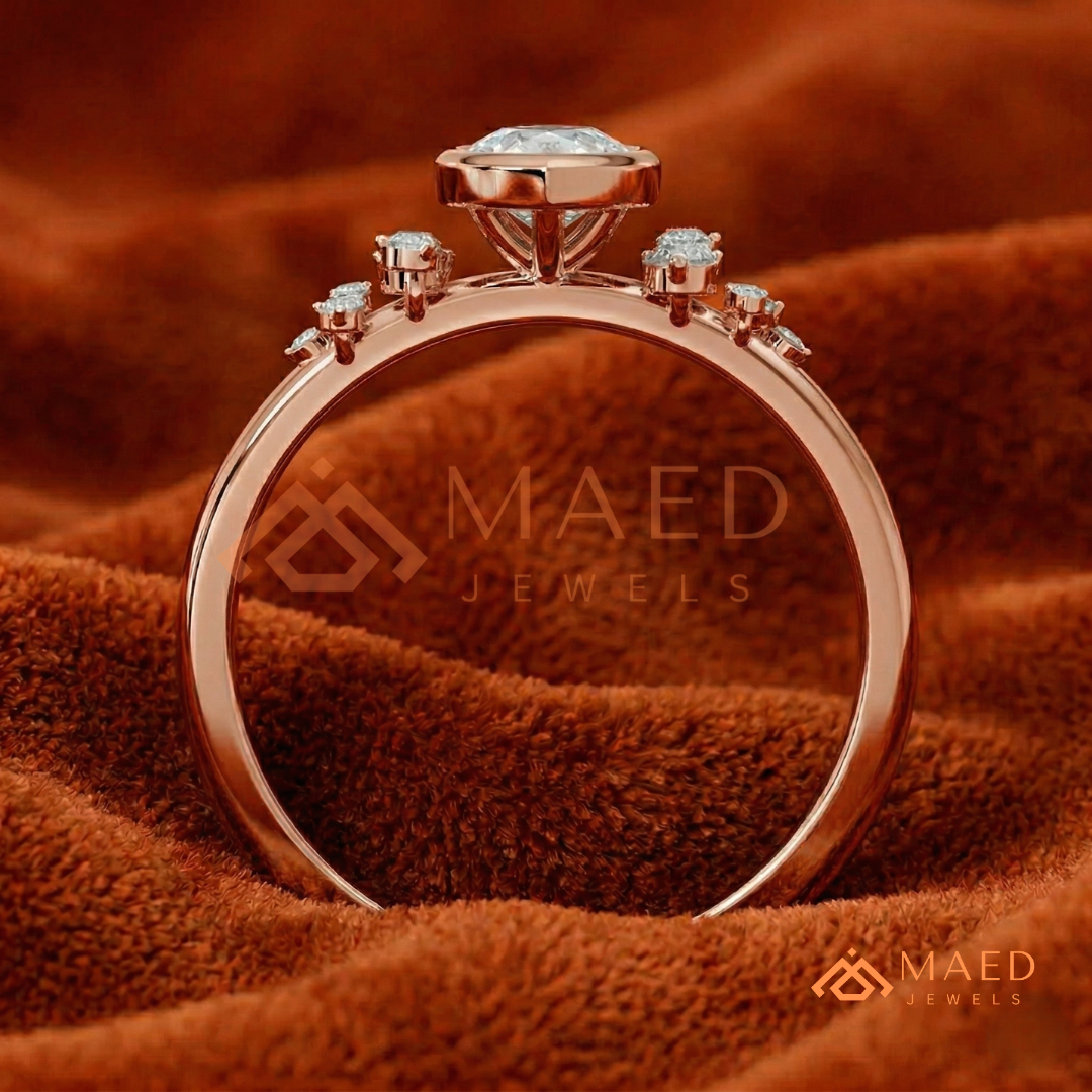 Pear Cut Bezel Set Engagement Ring with Cluster Accent Diamonds in 14K Gold, Rose Gold & Silver